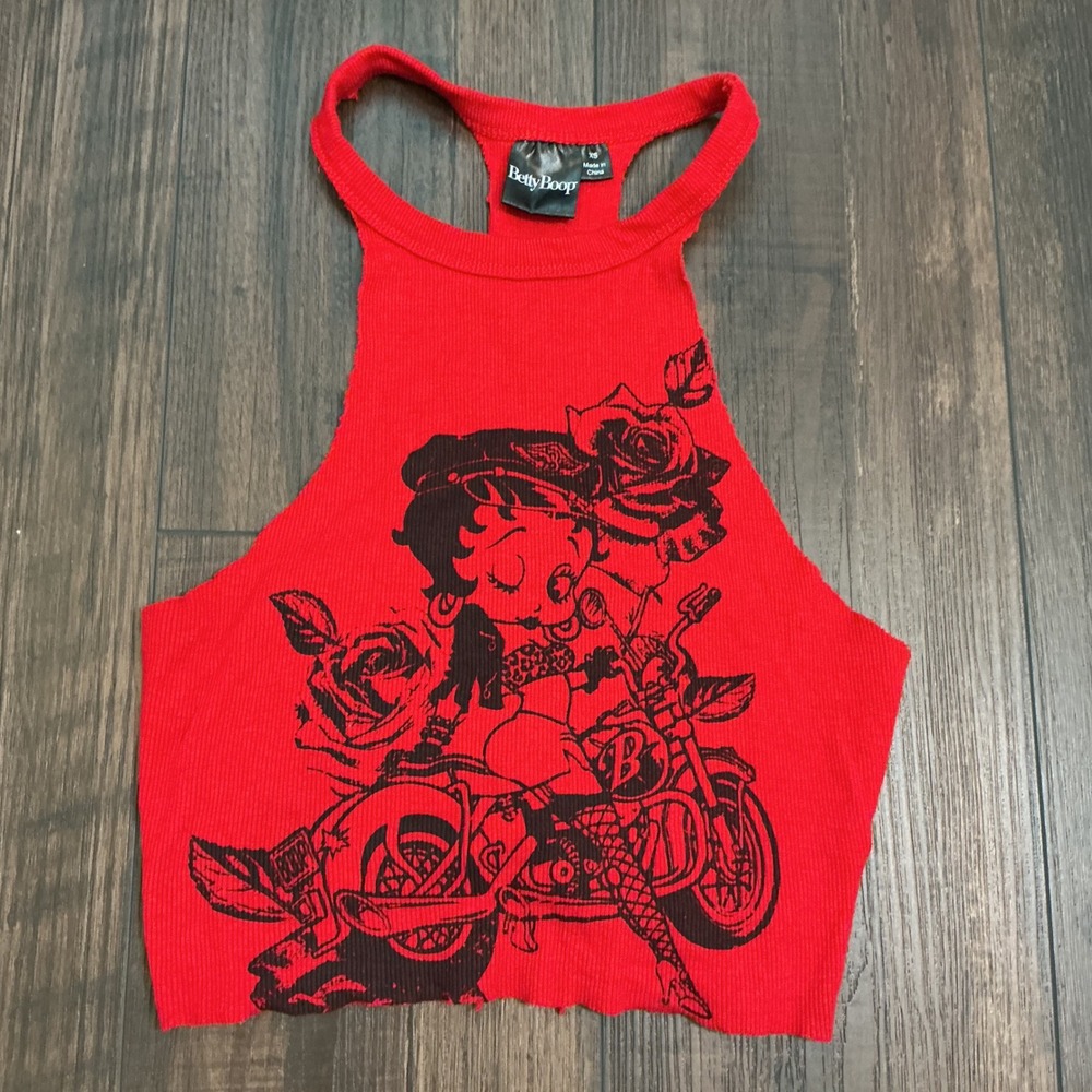 Betty Boop Graphic Biker Motorcycle Halter Crop Top Red Tie Back XS Y2K Edgy